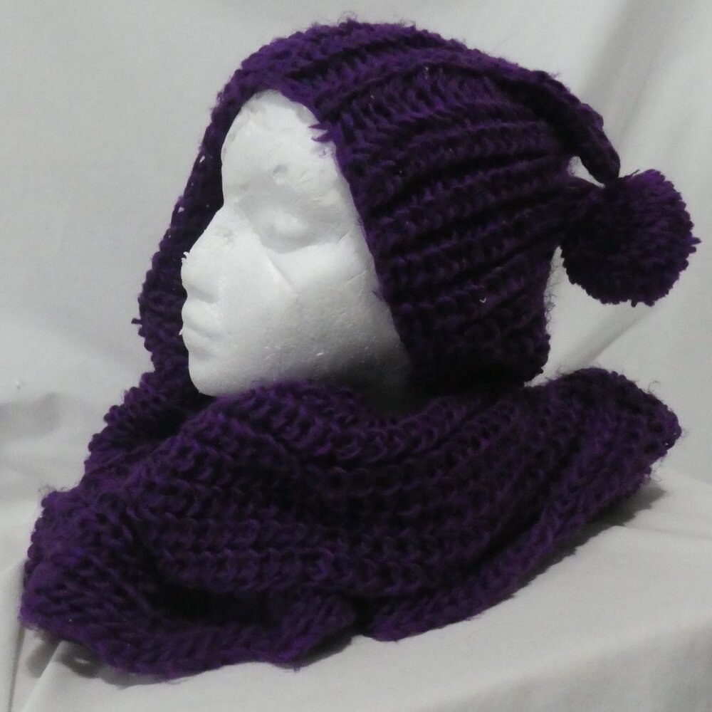 Knitted Purple Scarf with Hood and Pom-Poms